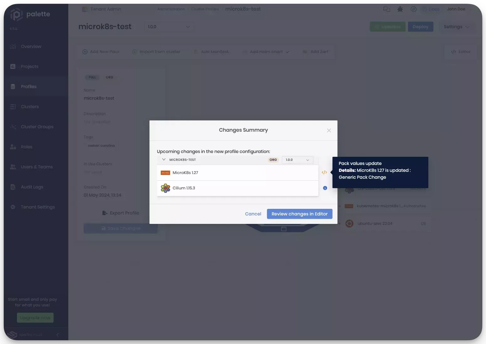 A view of the cluster profile update widget displaying a new packs versions but changes that require the user's input.